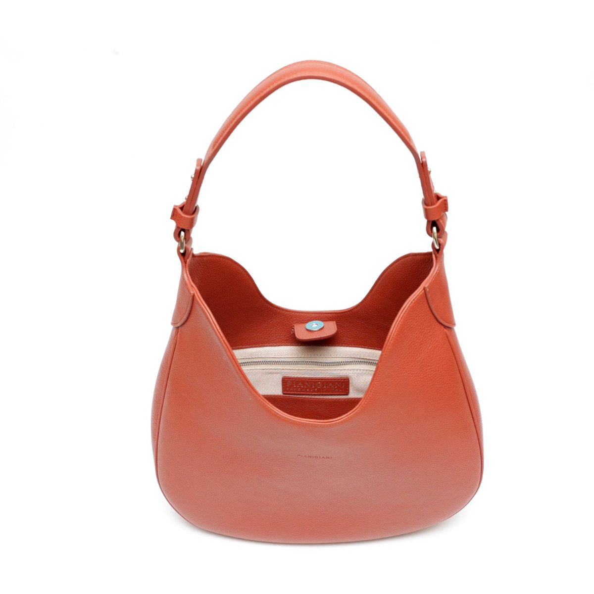 Borsa da spalla Cloe in morbida pelle martellata color ruggine, design a sacca, accessori metal color argento