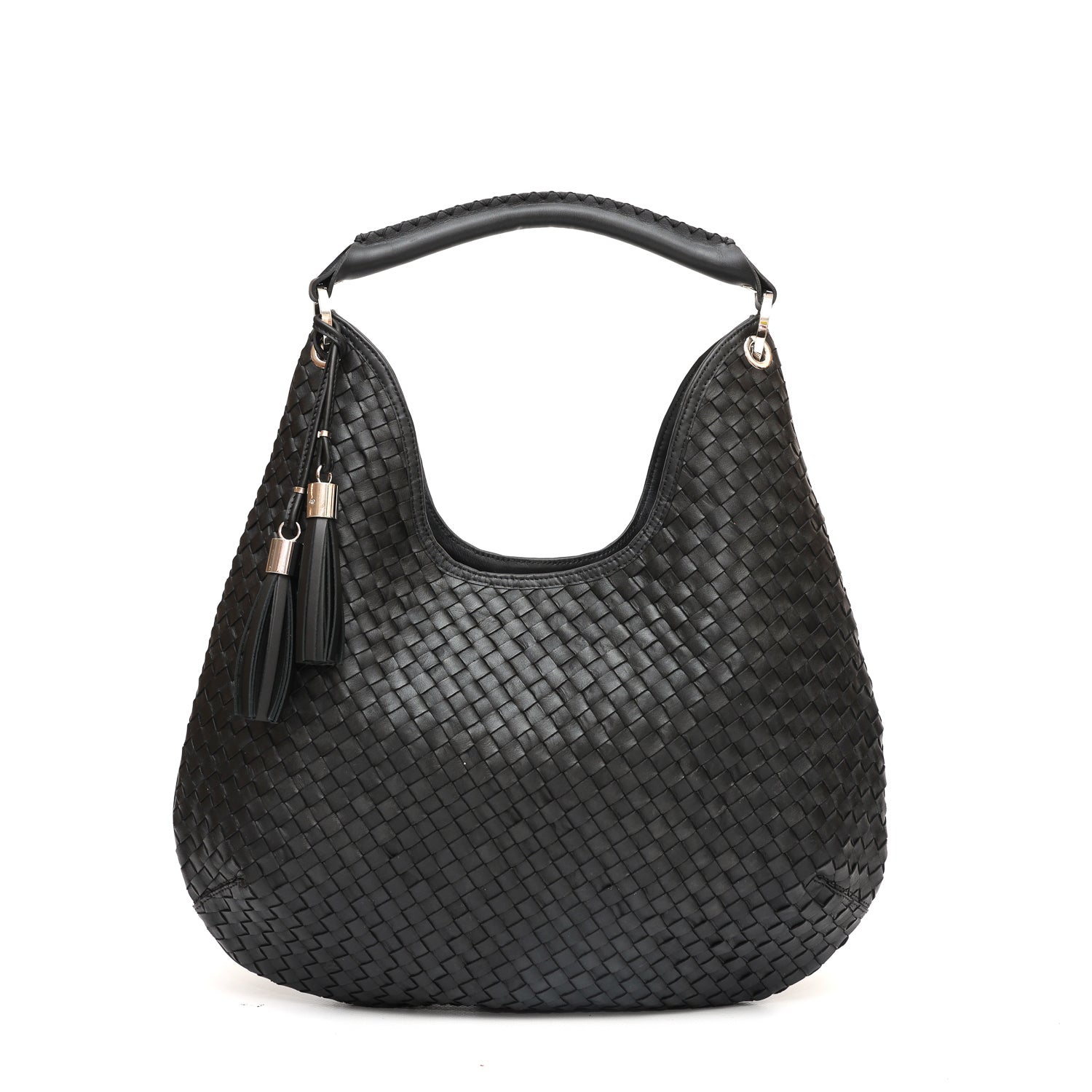 Lou, borsa da spalla in pelle intrecciata nera, prodotta e venduta da Pianigiani handmade leather bags.