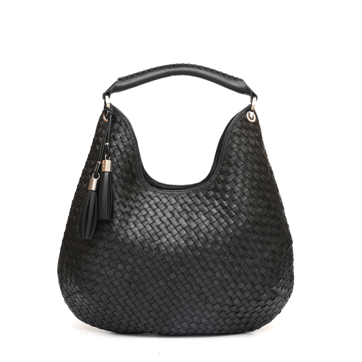 Lou, borsa da spalla in pelle intrecciata nera, prodotta e venduta da Pianigiani handmade leather bags.