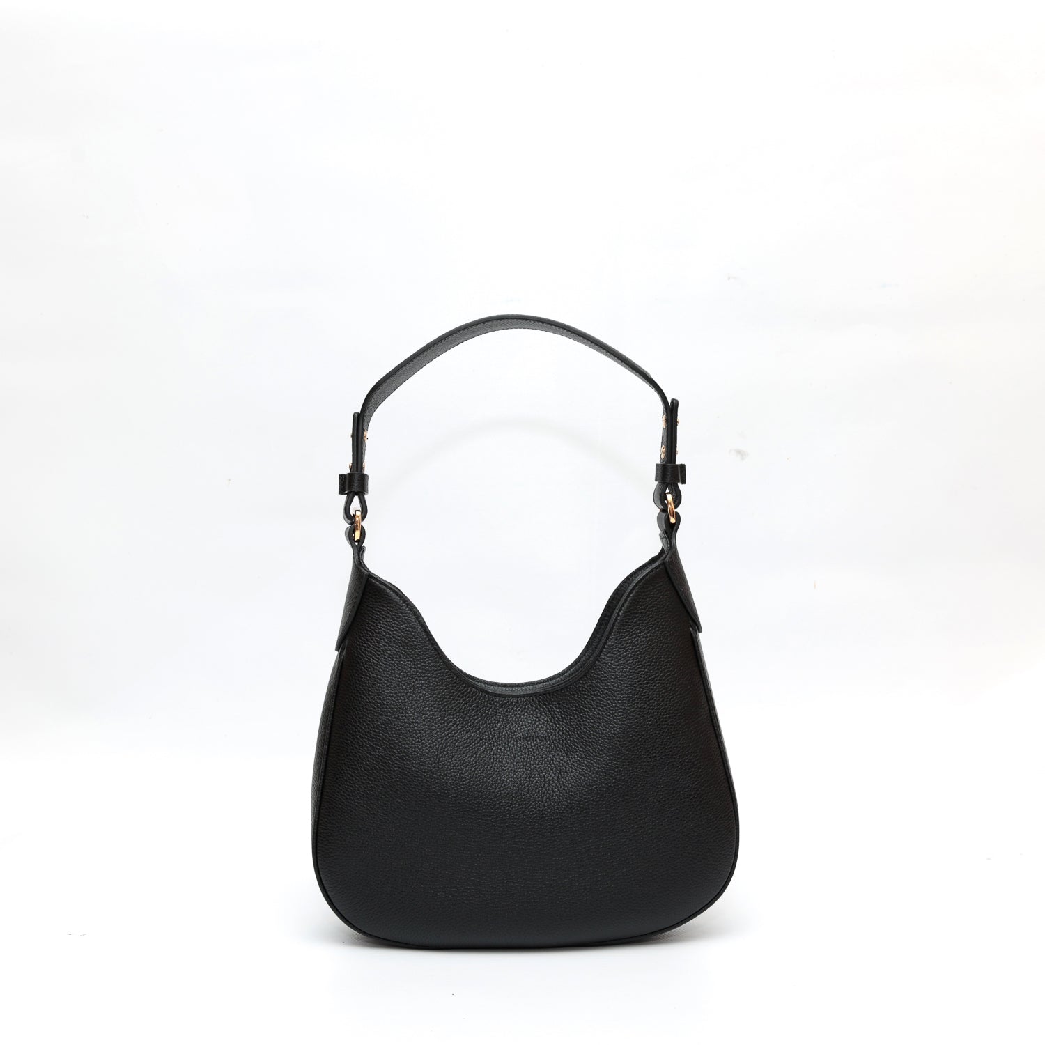 Mini Cloe borsa da spalla in morbida pelle martellata nera, design a sacca con accessori metallici color oro, firmata Pianigiani Bags.
