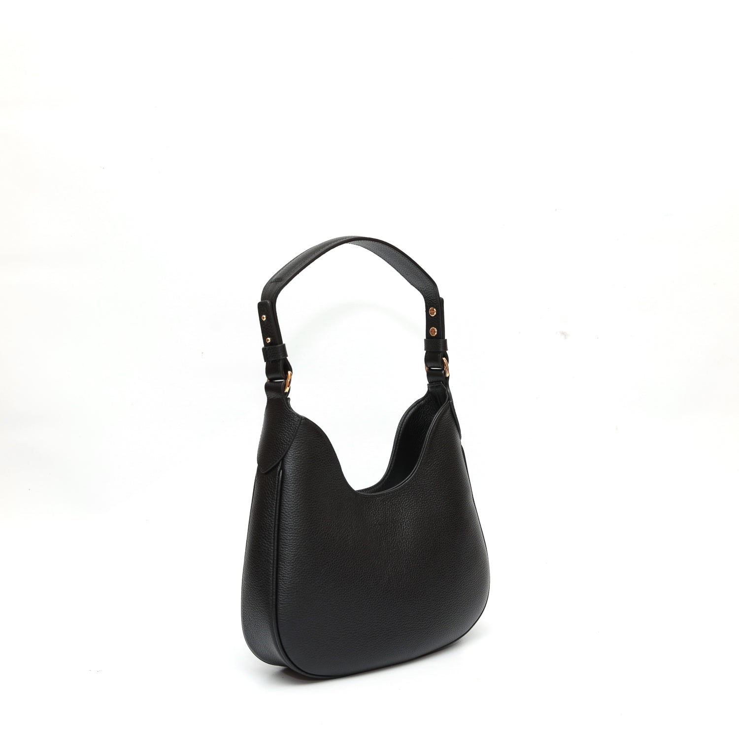 Mini Cloe borsa da spalla in morbida pelle martellata nera, design a sacca con accessori metallici color oro, firmata Pianigiani Bags.