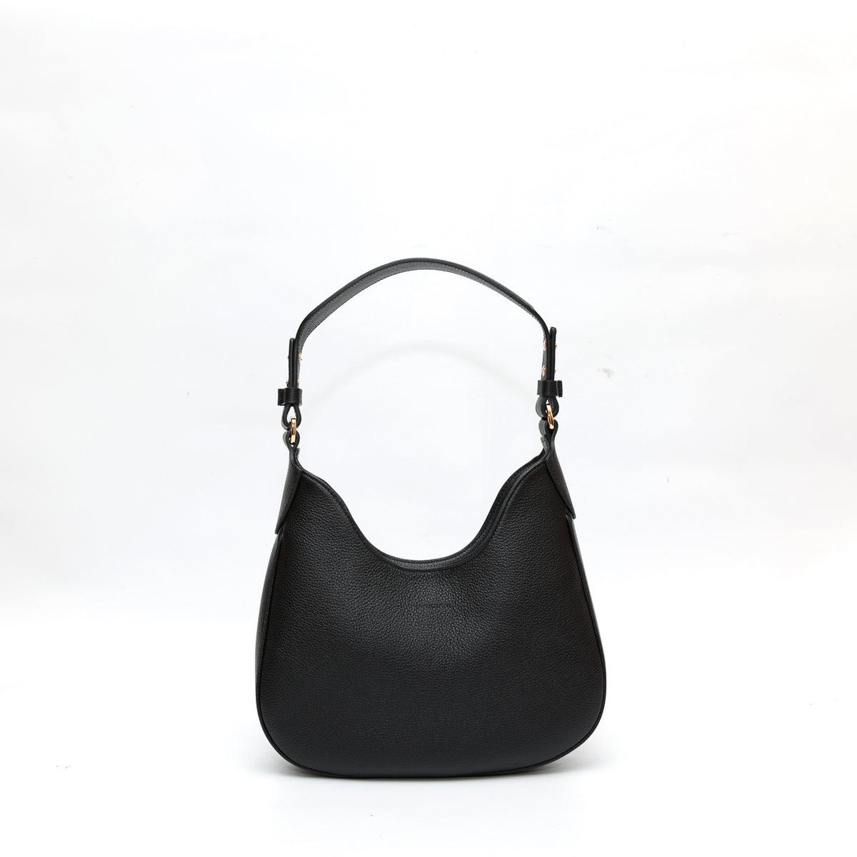 Mini Cloe borsa da spalla in morbida pelle martellata nera, design a sacca con accessori metallici color oro, firmata Pianigiani Bags.
