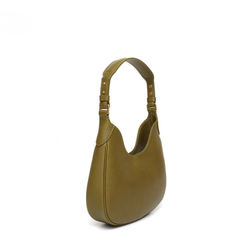 Mini Cloe borsa da spalla in morbida pelle martellata verde oliva, design a sacca con accessori metallici color oro, firmata Pianigiani Bags.
