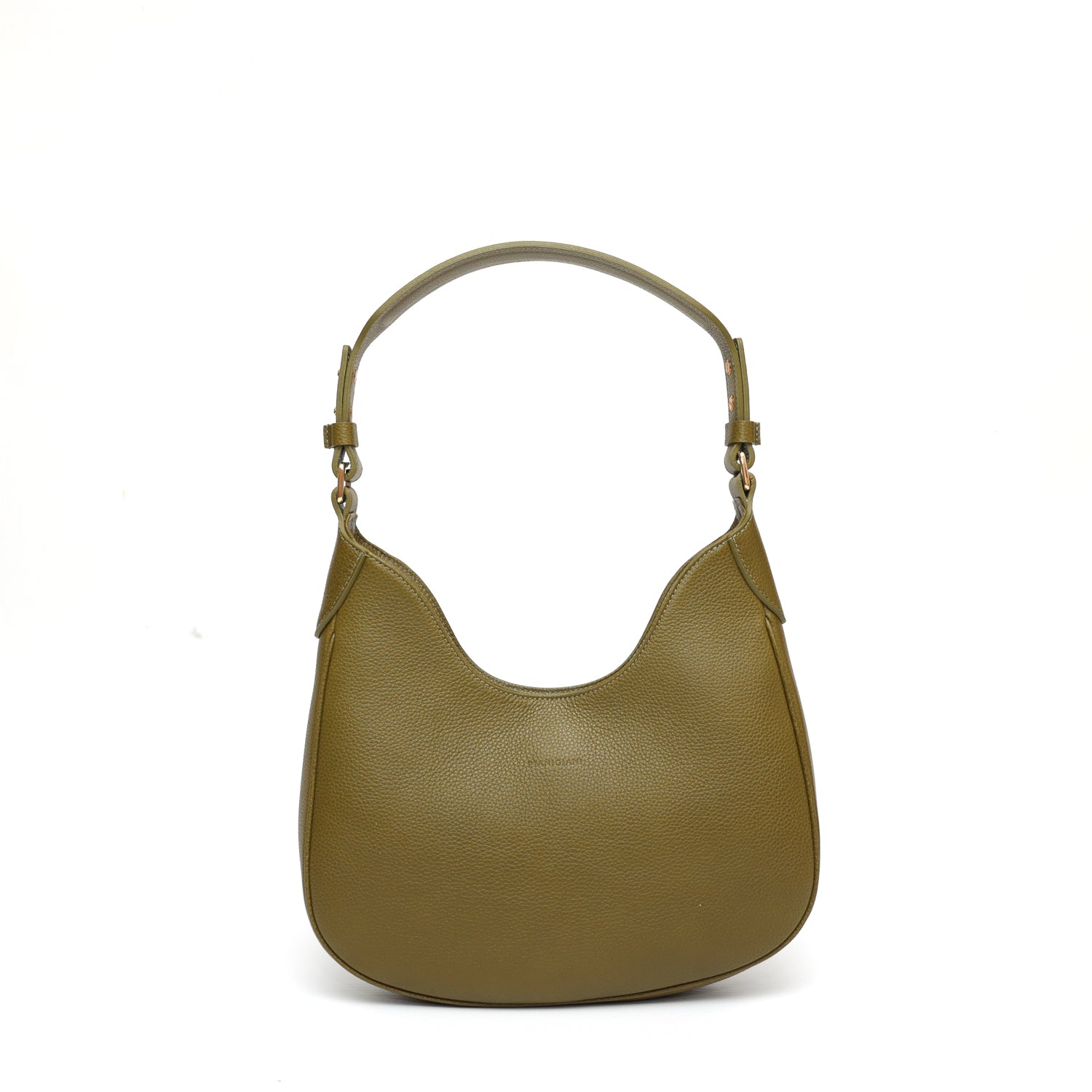 Mini Cloe borsa da spalla in morbida pelle martellata verde oliva, design a sacca con accessori metallici color oro, firmata Pianigiani Bags.