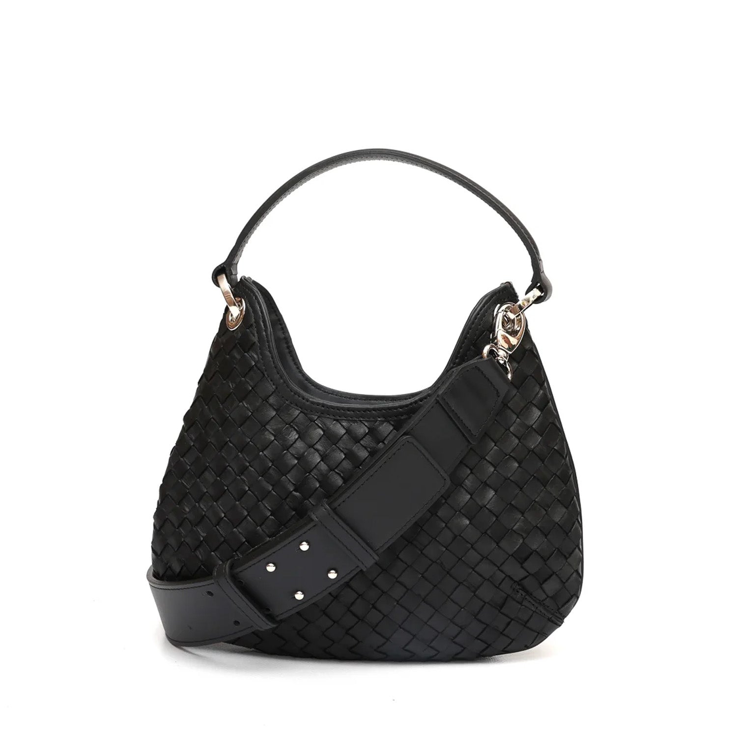 Mini Lou, borsa compatta da donna a tracolla, realizzata in pelle intrecciata color nera, con lavorazione artigianale firmata Pianigiani Bags.