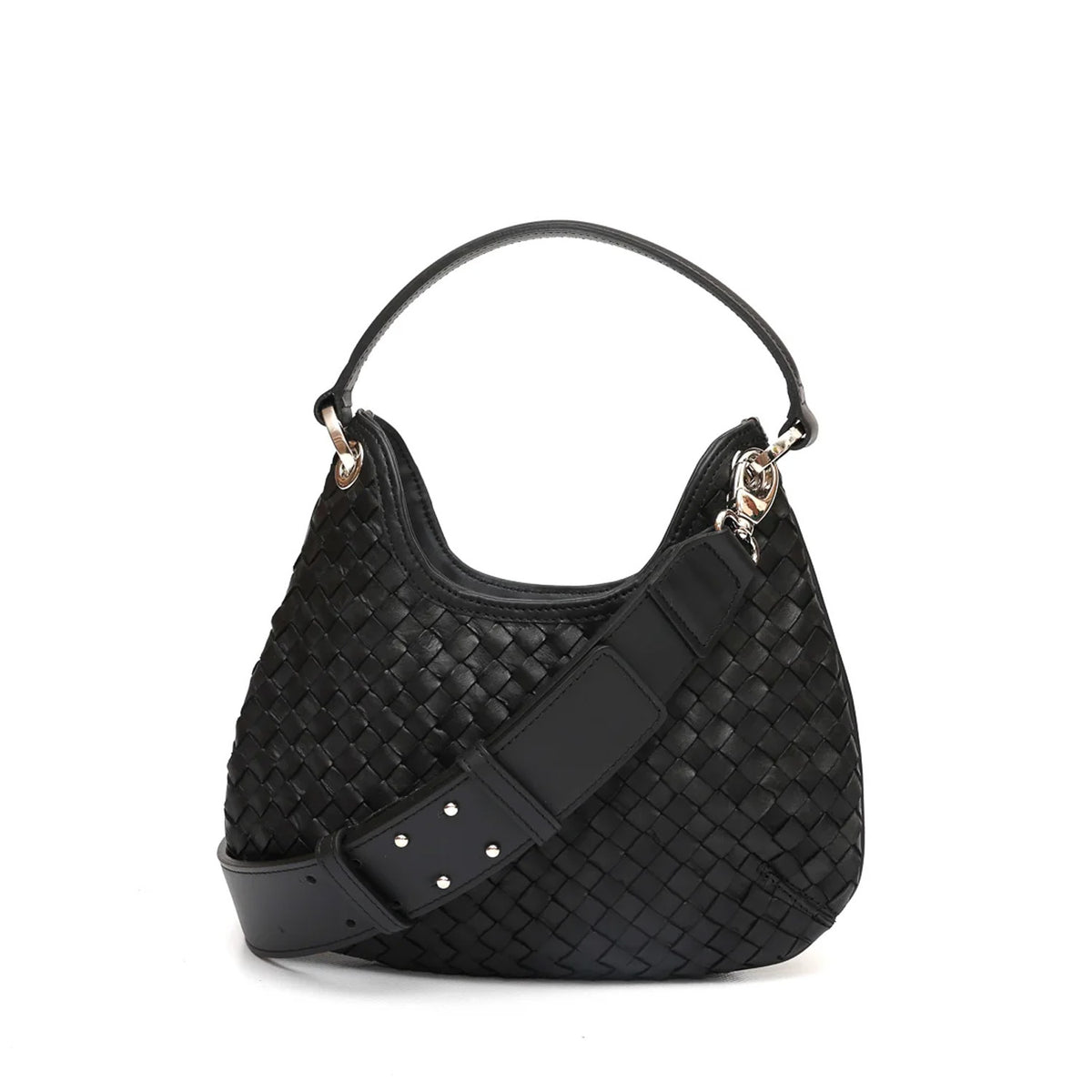 Mini Lou, borsa compatta da donna a tracolla, realizzata in pelle intrecciata color nera, con lavorazione artigianale firmata Pianigiani Bags.