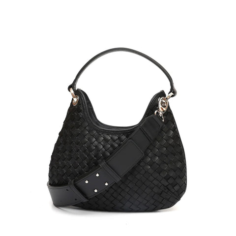 Mini Lou, borsa compatta da donna a tracolla, realizzata in pelle intrecciata color nera, con lavorazione artigianale firmata Pianigiani Bags.