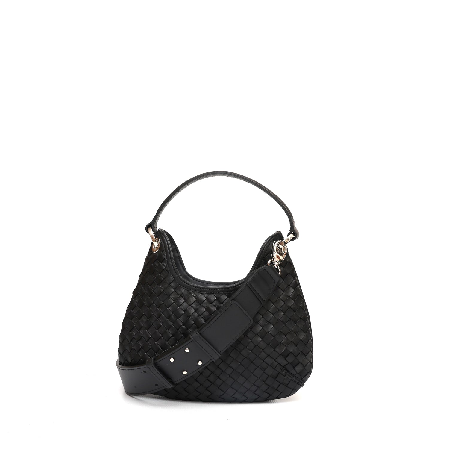 Mini Lou, borsa compatta da donna a tracolla, realizzata in pelle intrecciata color nera, con lavorazione artigianale firmata Pianigiani Bags.
