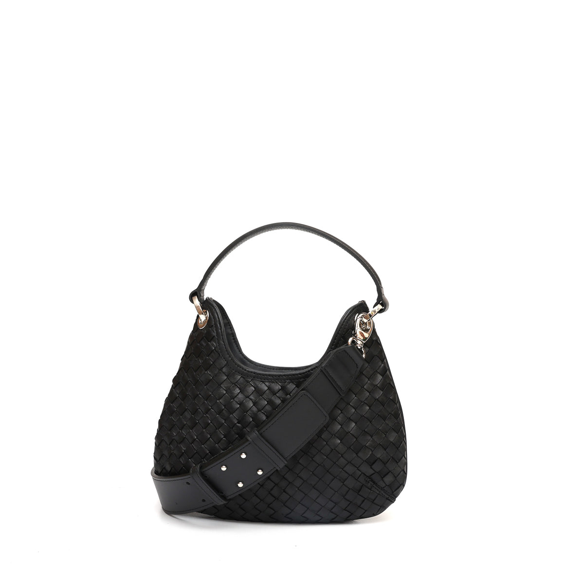 Mini Lou, borsa compatta da donna a tracolla, realizzata in pelle intrecciata color nera, con lavorazione artigianale firmata Pianigiani Bags.