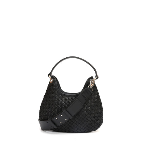 Mini Lou, borsa compatta da donna a tracolla, realizzata in pelle intrecciata color nera, con lavorazione artigianale firmata Pianigiani Bags.