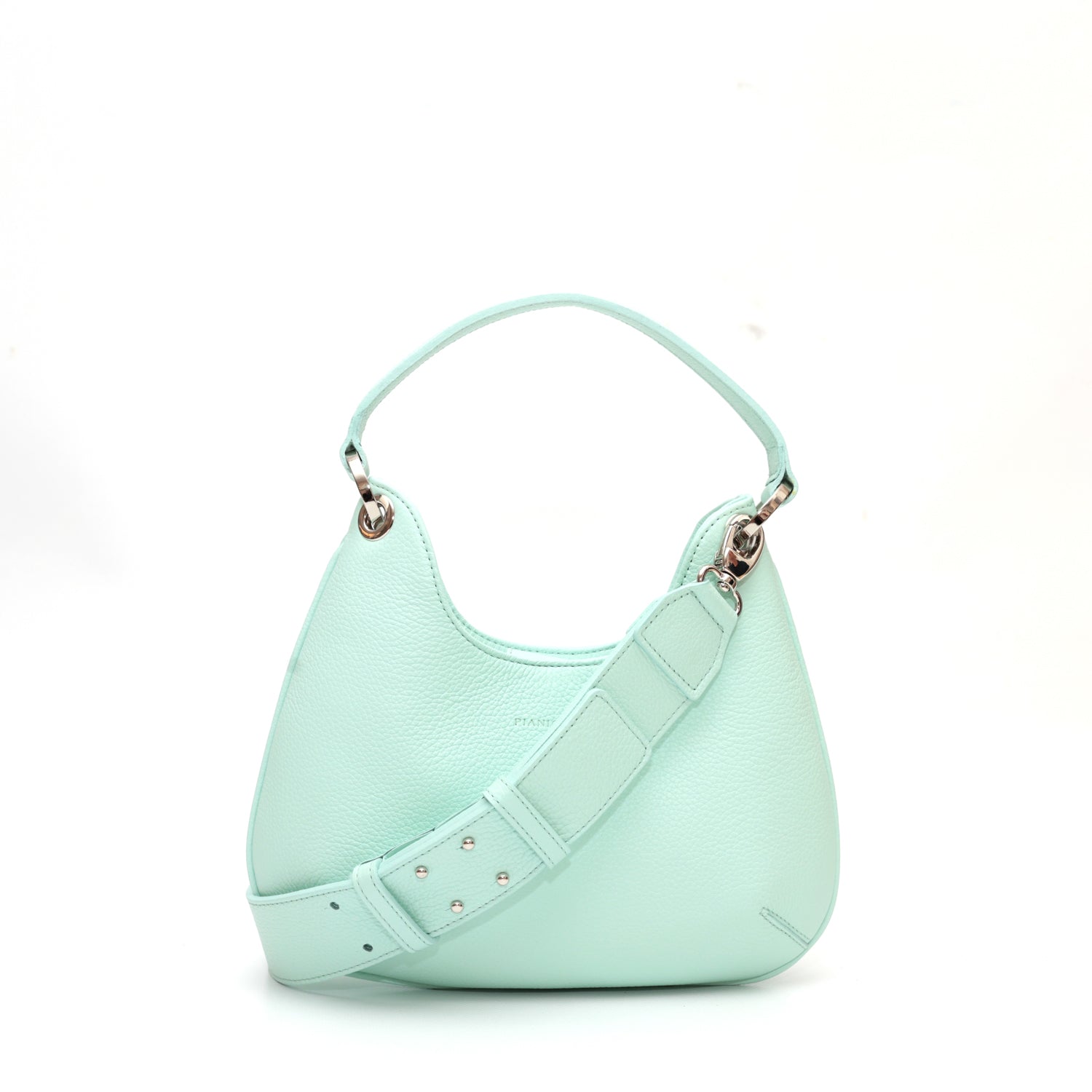 Mini Lou, borsa compatta da donna a tracolla, realizzata in pelle martellata acquamarina, con lavorazione artigianale firmata Pianigiani Bags