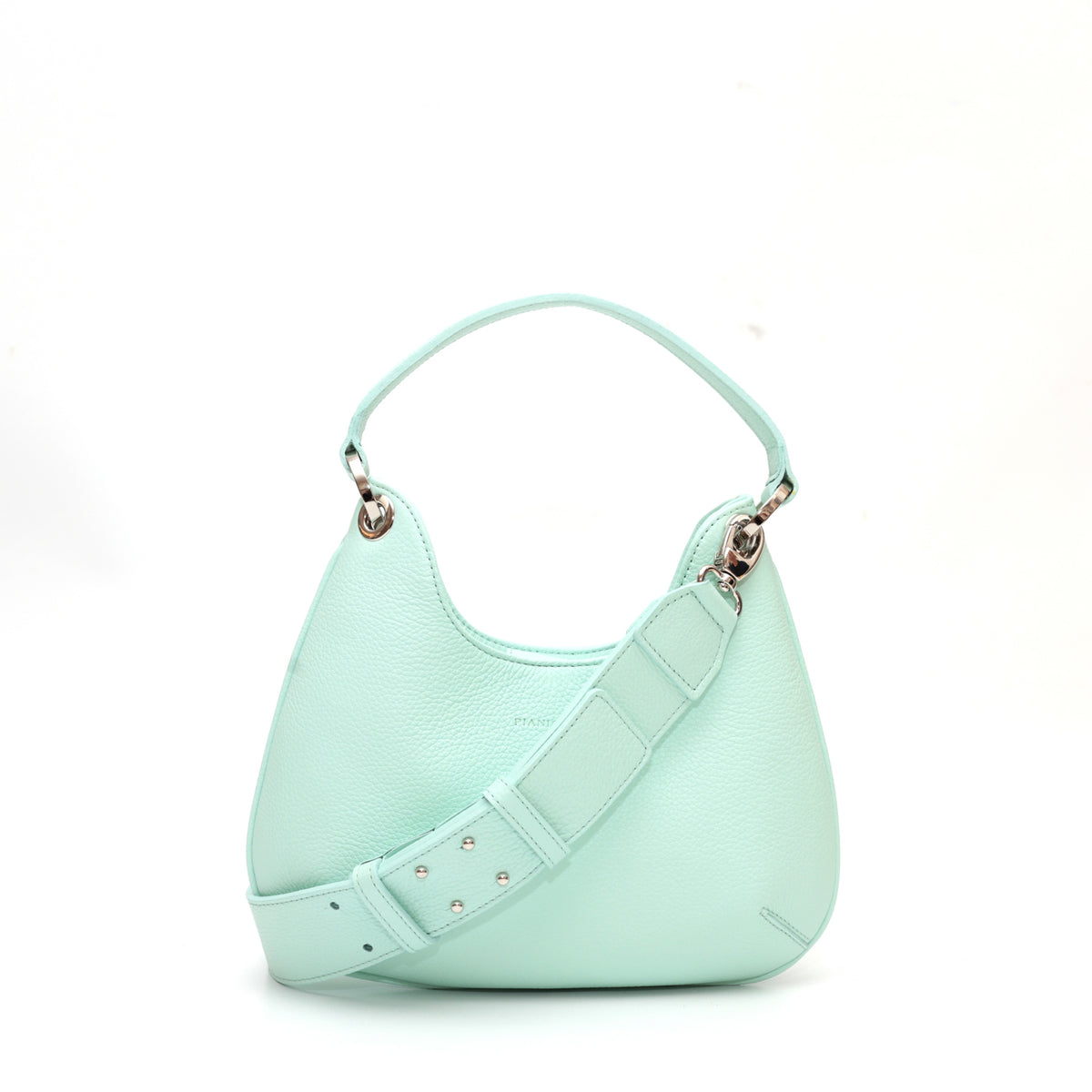 Mini Lou, borsa compatta da donna a tracolla, realizzata in pelle martellata acquamarina, con lavorazione artigianale firmata Pianigiani Bags