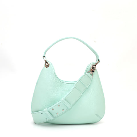 Mini Lou, borsa compatta da donna a tracolla, realizzata in pelle martellata acquamarina, con lavorazione artigianale firmata Pianigiani Bags