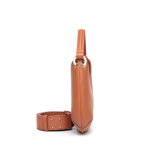 Mini Lou, borsa compatta da donna a tracolla, realizzata in pelle martellata caramello, con lavorazione artigianale firmata Pianigiani Bags