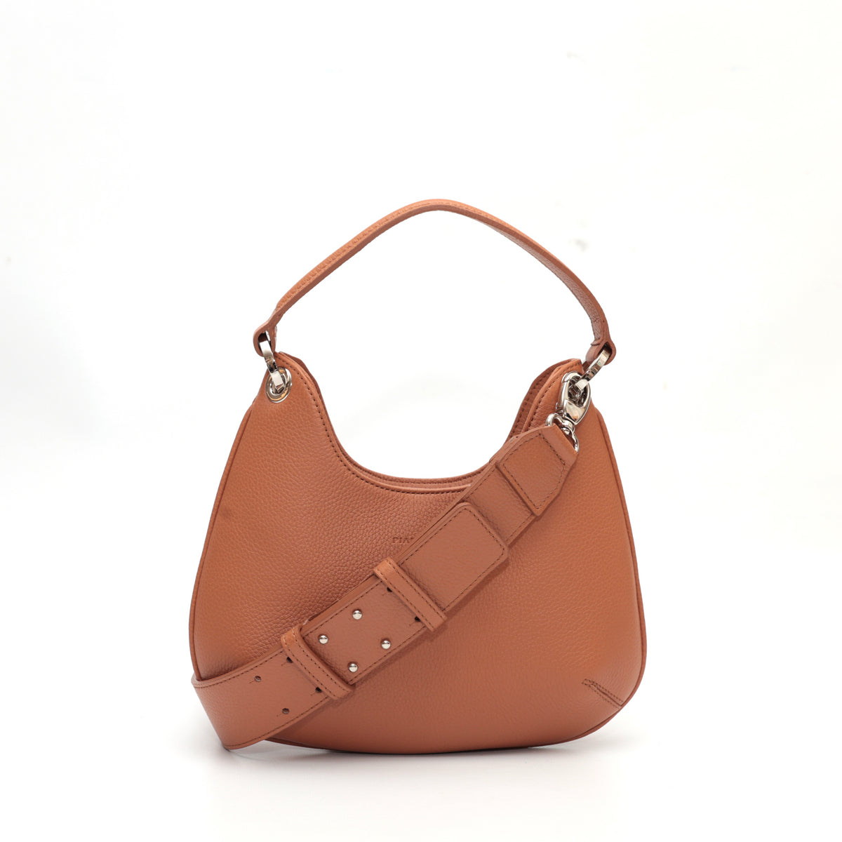 Mini Lou, borsa compatta da donna a tracolla, realizzata in pelle martellata caramello, con lavorazione artigianale firmata Pianigiani Bags