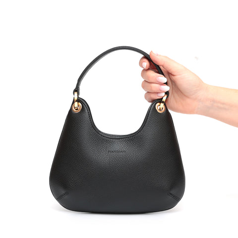 Borsa Mini Lou in pelle martellata nera, da portare a mano o con la comoda tracolla, prodotta da Pianigiani leather bags.