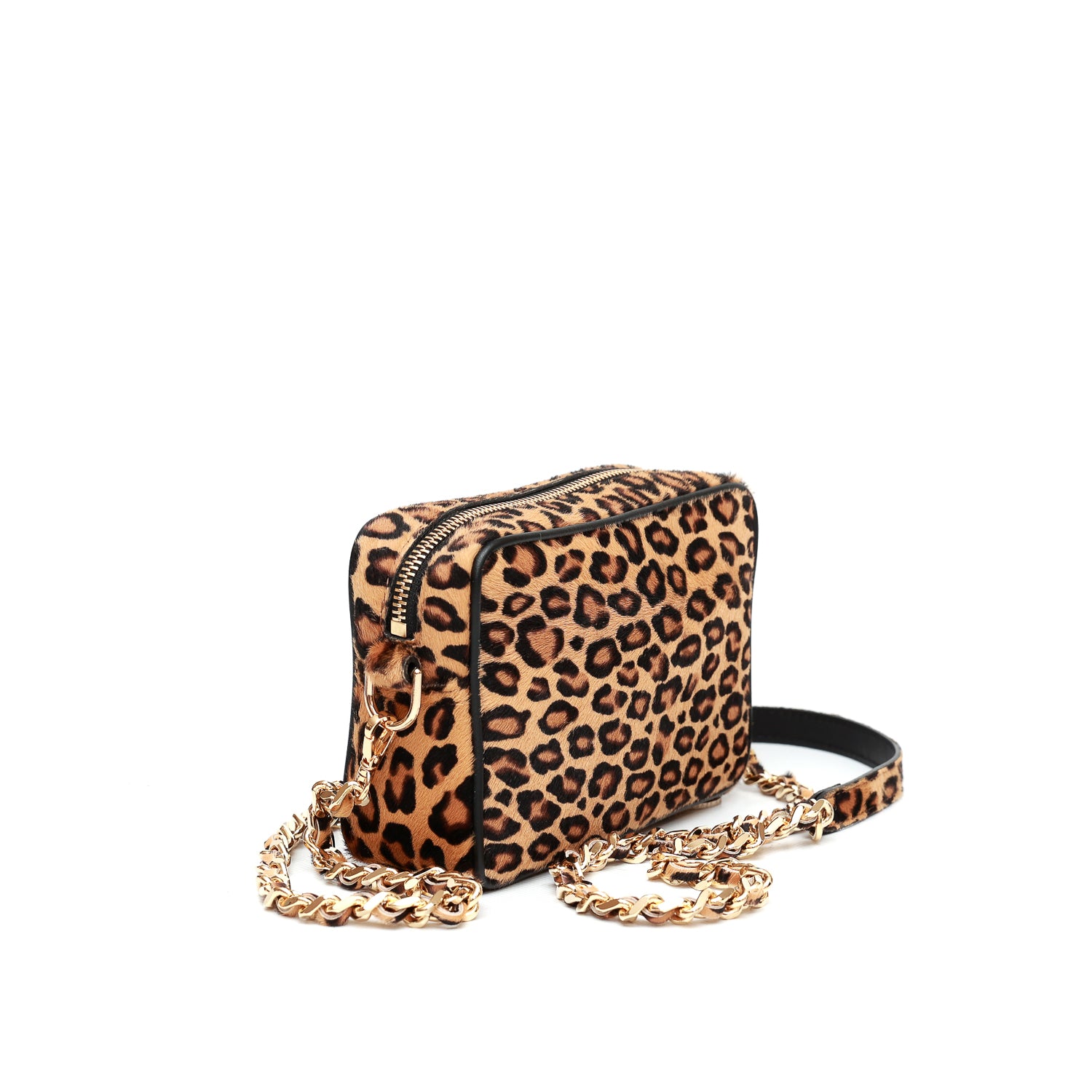 Miss bag misura piccola, borsa da donna a tracolla in pelle maculata e laccio con catena color oro, prodotta in Italia da Pianigiani Bags.