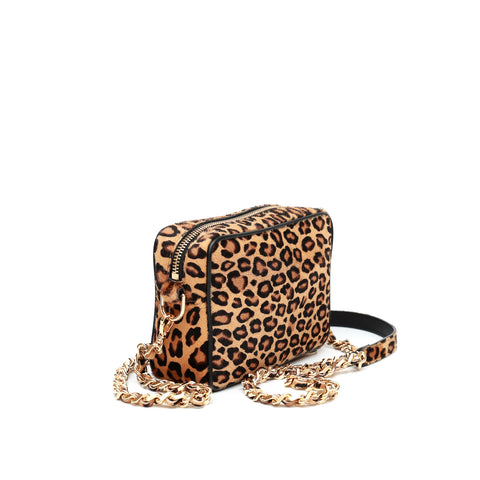 Miss bag misura piccola, borsa da donna a tracolla in pelle maculata e laccio con catena color oro, prodotta in Italia da Pianigiani Bags.