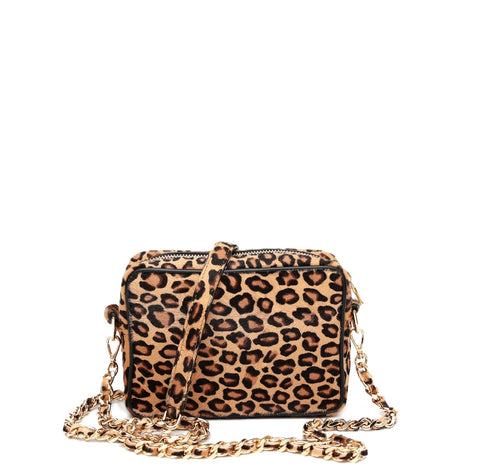 Miss bag misura piccola, borsa da donna a tracolla in pelle maculata e laccio con catena color oro, prodotta in Italia da Pianigiani Bags.