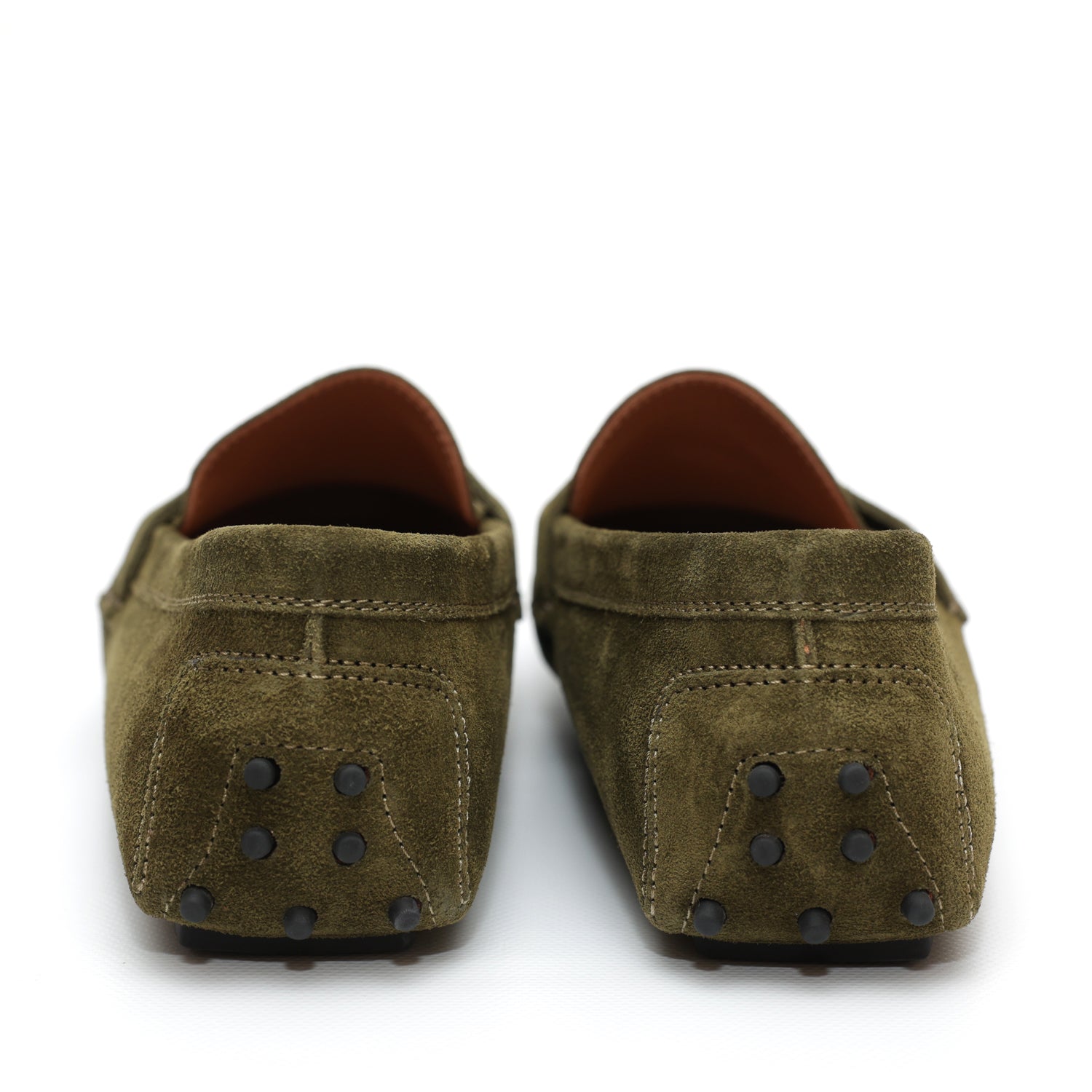 Mocassino da uomo in morbida pelle scamosciata verde, fatto a mano presso Pianigiani Bags.
