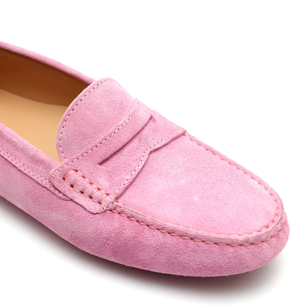 Mocassino da donna in pelle scamosciata rosa, fatto a mano presso Pianigianibags