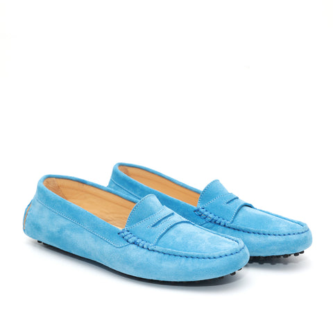 Mocassino da donna scamosciato denim, modello gommino. Prodotto in Italia.