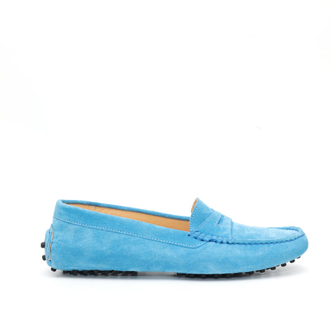 Mocassino da donna scamosciato denim, modello gommino. Prodotto in Italia.