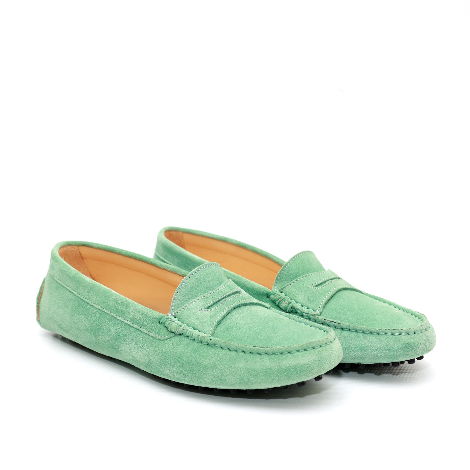 Mocassino da donna scamosciato verde, modello gommino. Prodotto in Italia.