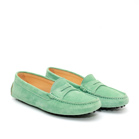 Mocassino da donna scamosciato verde, modello gommino. Prodotto in Italia.