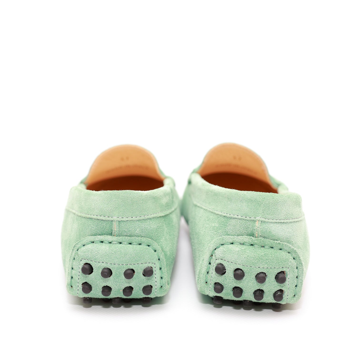 Mocassino da donna scamosciato verde, modello gommino. Prodotto in Italia.