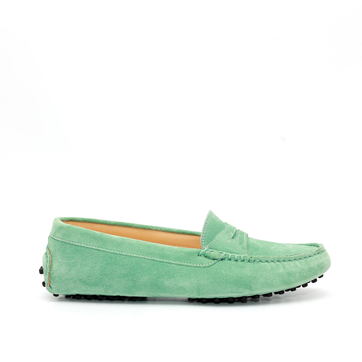 Mocassino da donna scamosciato verde, modello gommino. Prodotto in Italia.