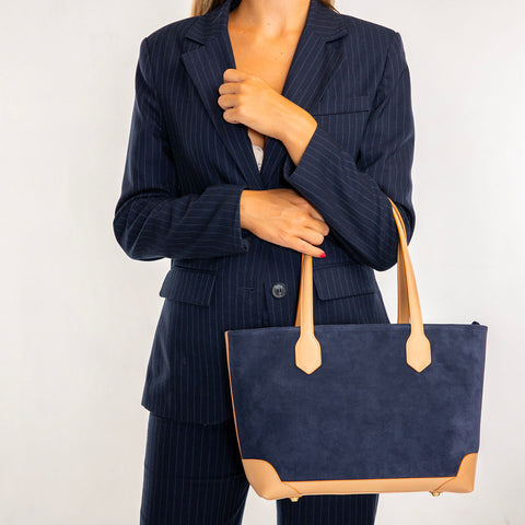 My bag piccola, borsa da donna in pelle scamosciata blu con rifiniture in cuoio, Pianigiani.