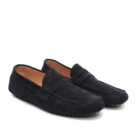 Mocassino da uomo scamosciato blu, modello gommino, prodotto in Italia.