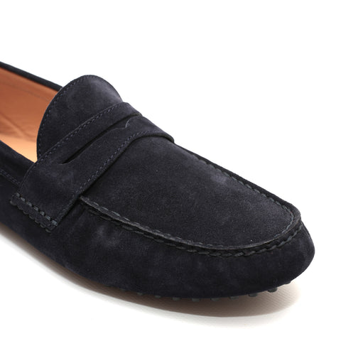 Mocassino da uomo scamosciato blu, modello gommino, prodotto in Italia.