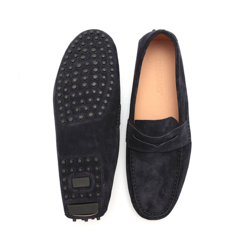 Mocassino da uomo scamosciato blu, modello gommino, prodotto in Italia.