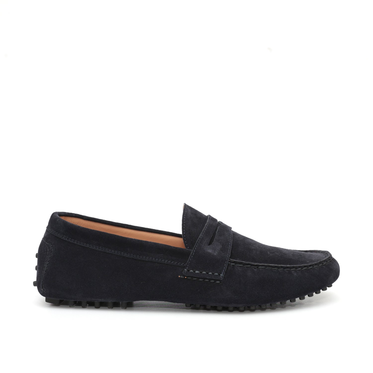 Mocassino da uomo scamosciato blu, modello gommino, prodotto in Italia.