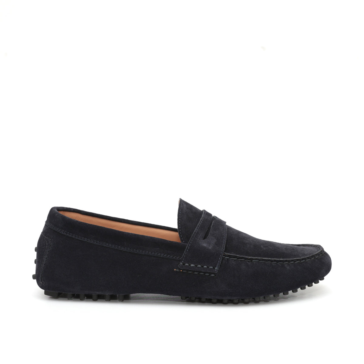 Mocassino da uomo scamosciato blu, modello gommino, prodotto in Italia.