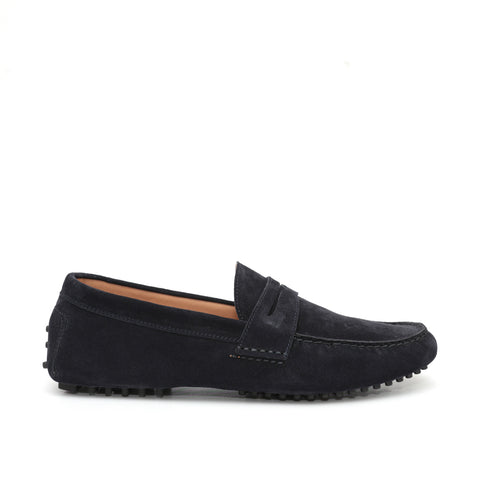 Mocassino da uomo scamosciato blu, modello gommino, prodotto in Italia.