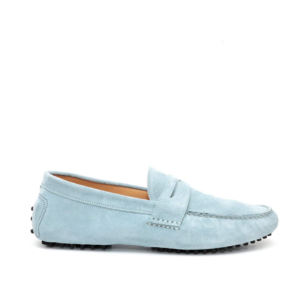 Mocassino da uomo scamosciato azzurro, modello gommino. Prodotto in Italia.