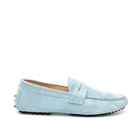 Mocassino da uomo scamosciato azzurro, modello gommino. Prodotto in Italia.