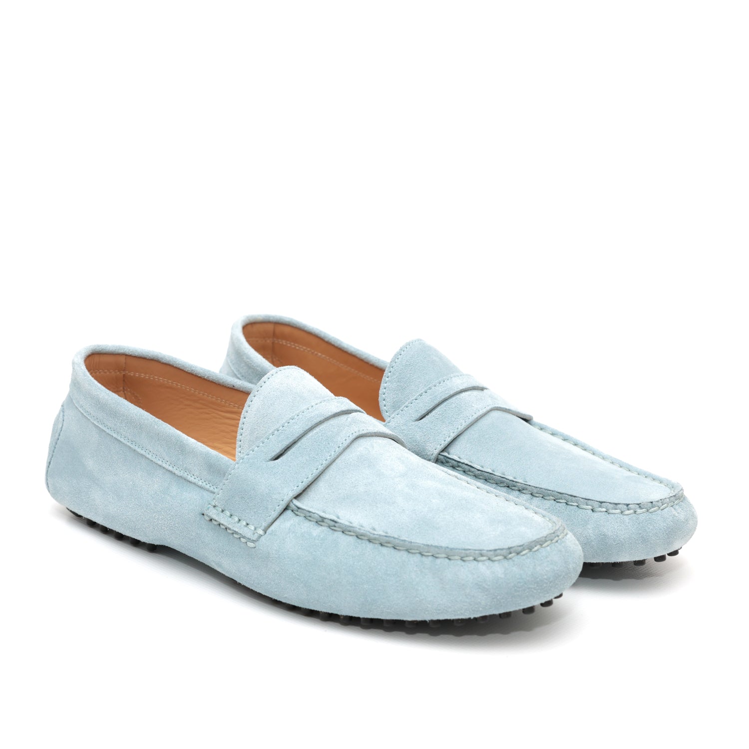 Mocassino da uomo scamosciato azzurro, modello gommino, prodotto in Italia.