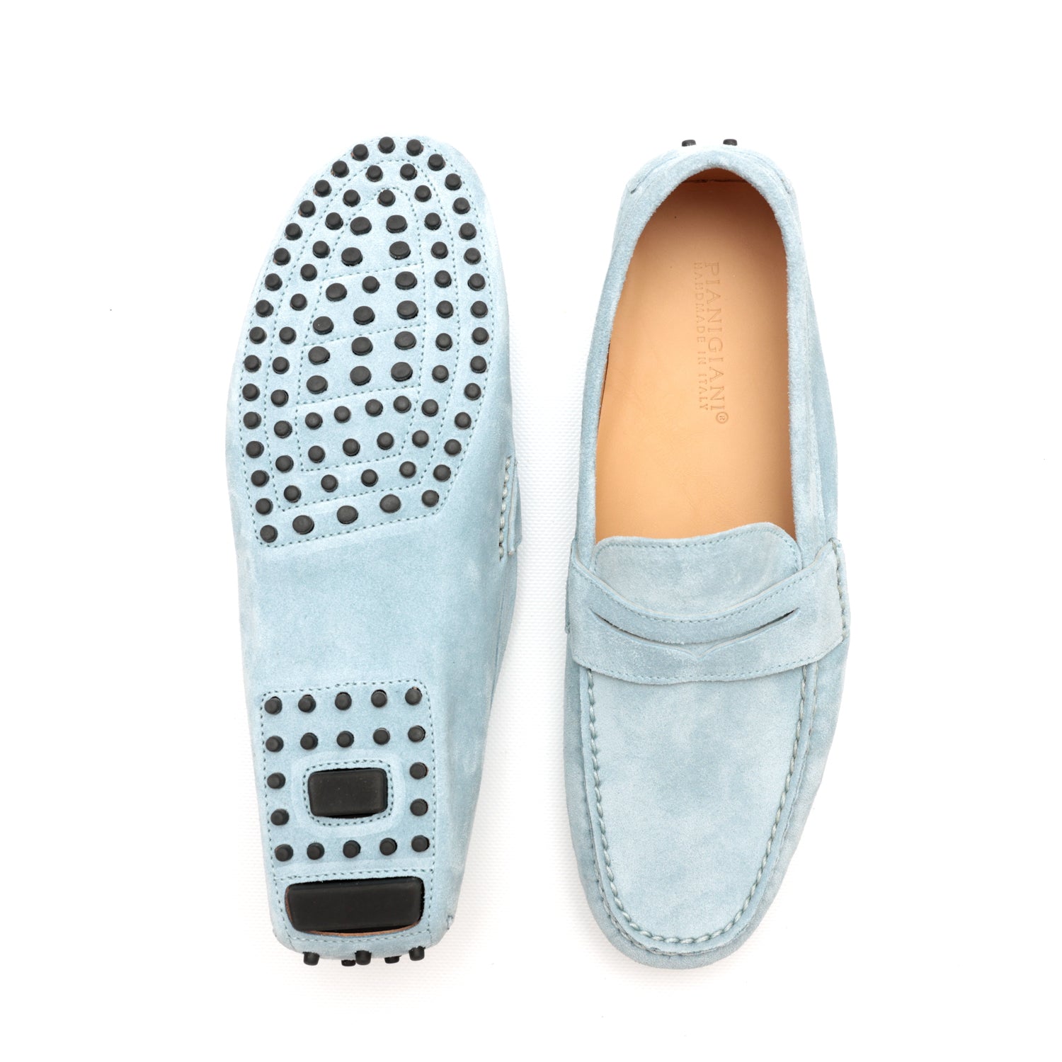 Mocassino da uomo scamosciato azzurro, modello gommino, prodotto in Italia.