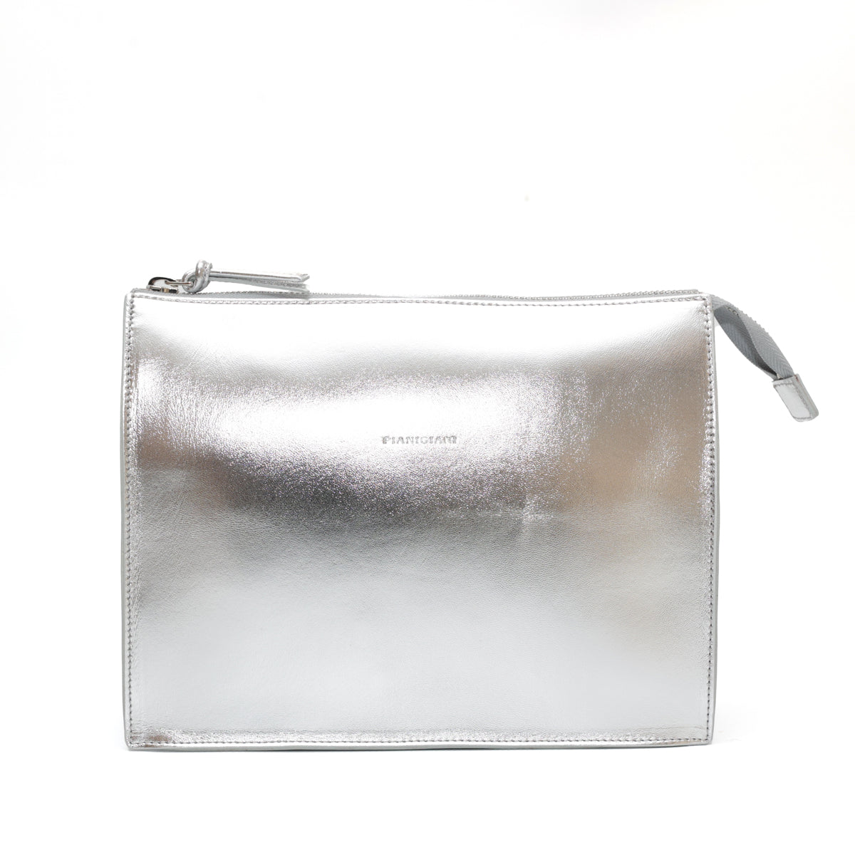 Pocket grande in pelle liscia argento, pochette da viaggio e per uso quotidiano, realizzata da Pianigiani Bags.