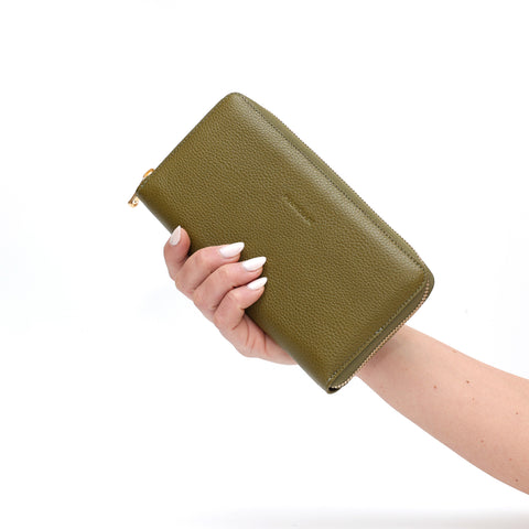 Portafoglio Zip in Pelle verde oliva