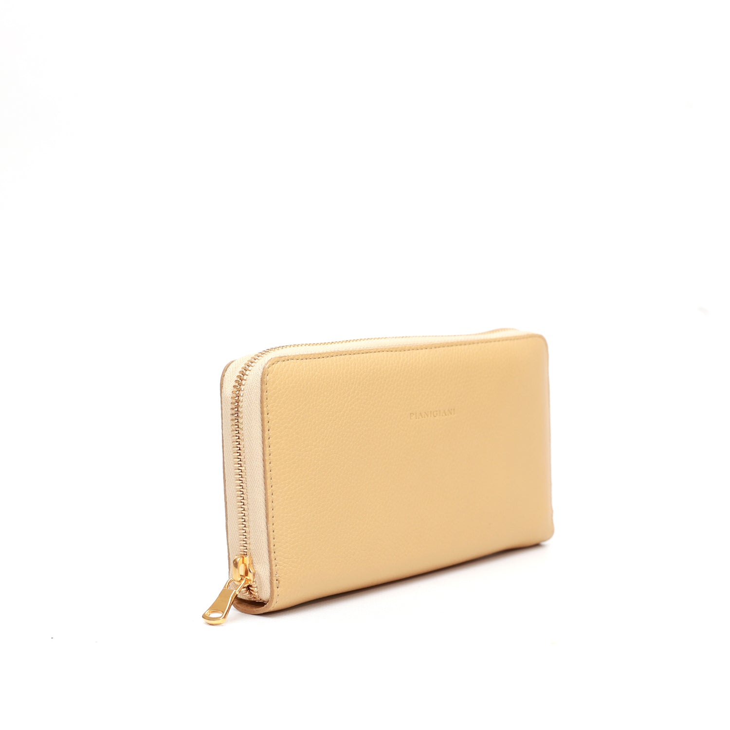 Portafoglio da donna in pelle martellata caramello, chiusura laterale con zip, interno in cuoio naturale, prodotto da Pianigiani.