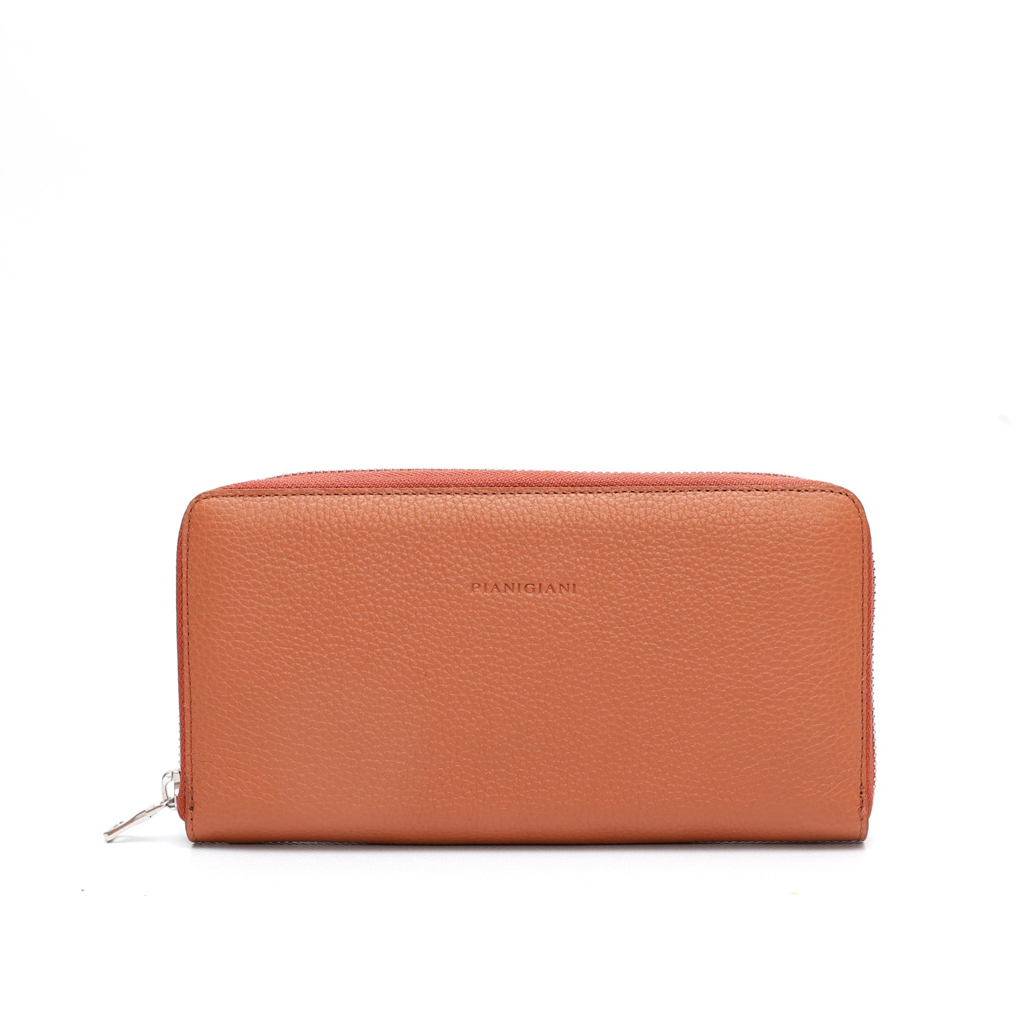 Portafoglio da donna in pelle martellata caramello, chiusura laterale con zip, interno in cuoio naturale, prodotto da Pianigiani.