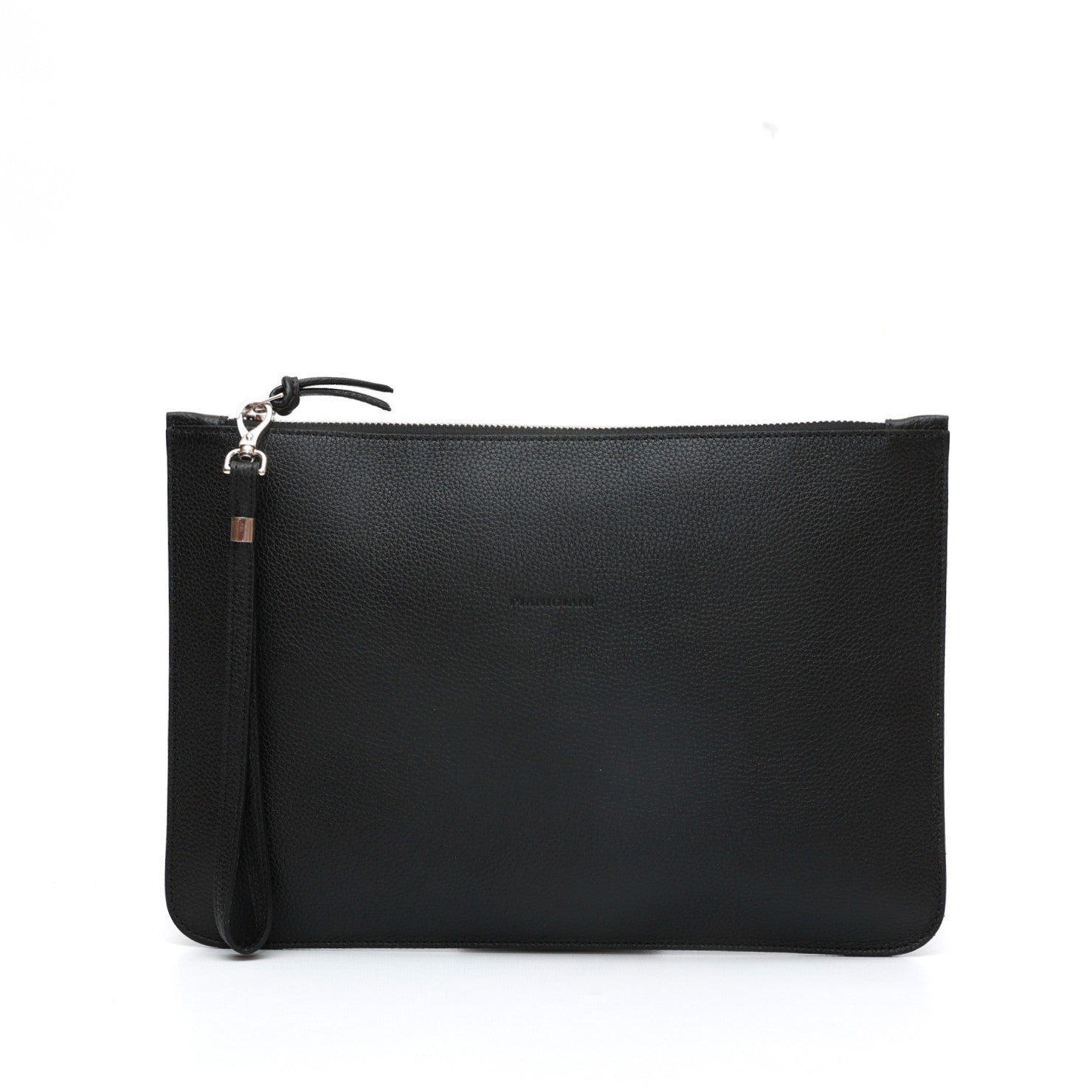 Rose, borsa a mano con polsino e chiusura zip in pelle nera, prodotta da Pianigiani Bags in Italia.