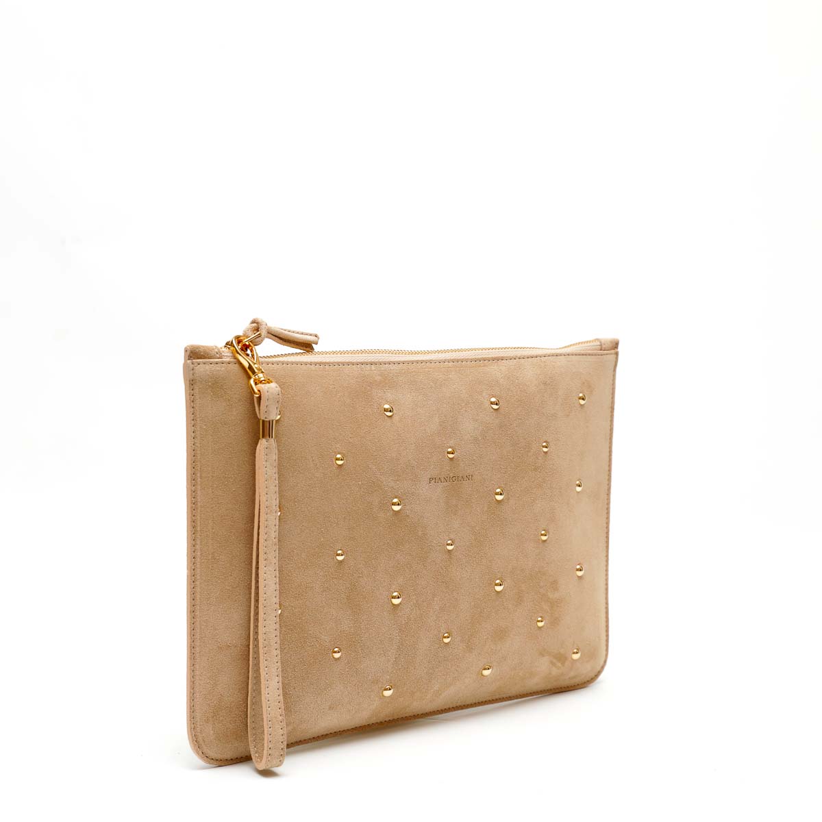 Rose bag, borsa a mano in pelle scamosciata beige con borchie decorative color oro, prodotta da pianigiani bags