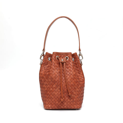 Secchiello piccolo Bianca, borsa a spalla o a mano da donna in pelle intrecciata marrone, realizzata e venduta da Pianigiani Bags