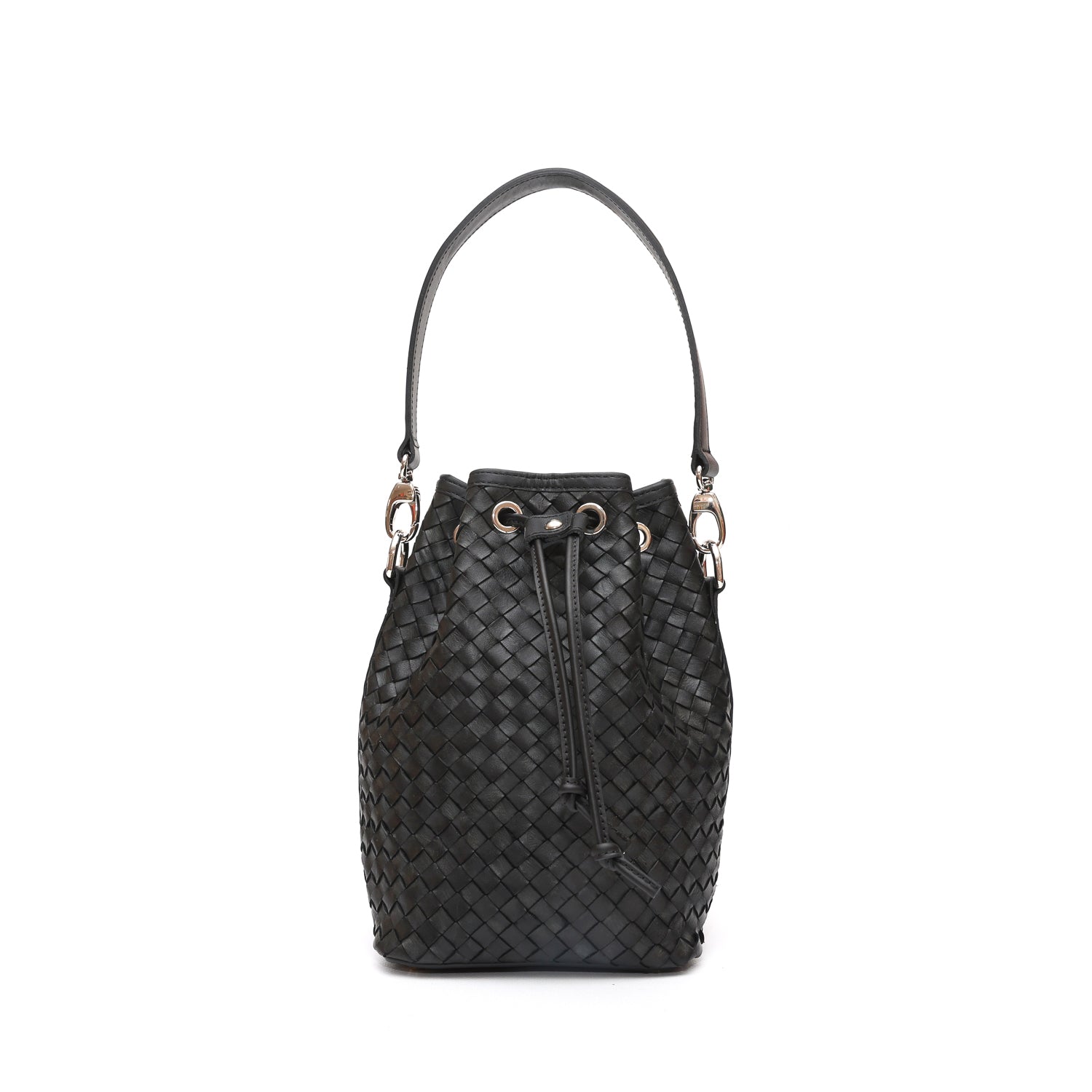 Secchiello piccolo Bianca, borsa a spalla o a mano da donna in pelle intrecciata nera, realizzata e venduta da Pianigiani Bags